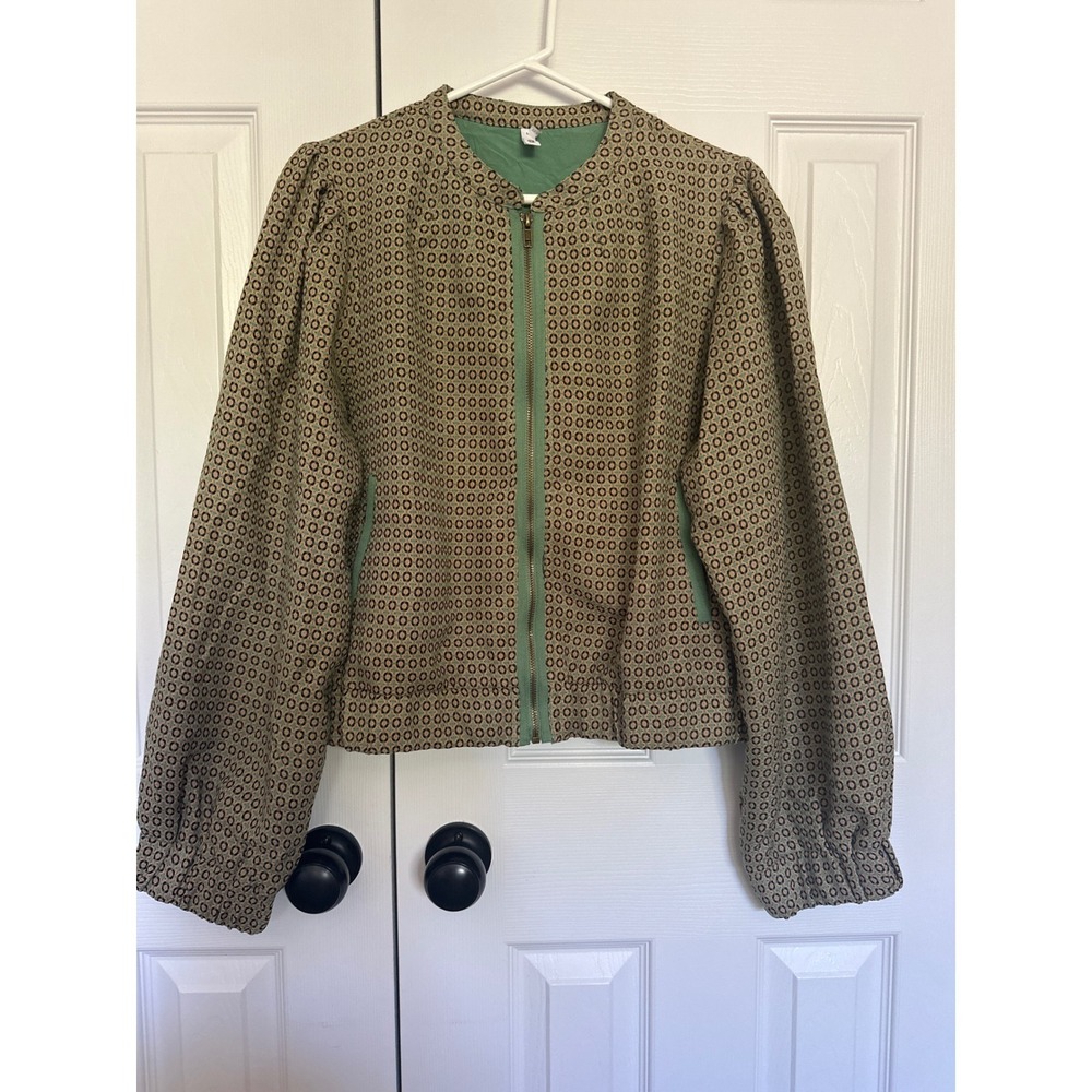 Glam Green Geometric Medallion Puff Sleeve Zip Up Bomber Jacket med